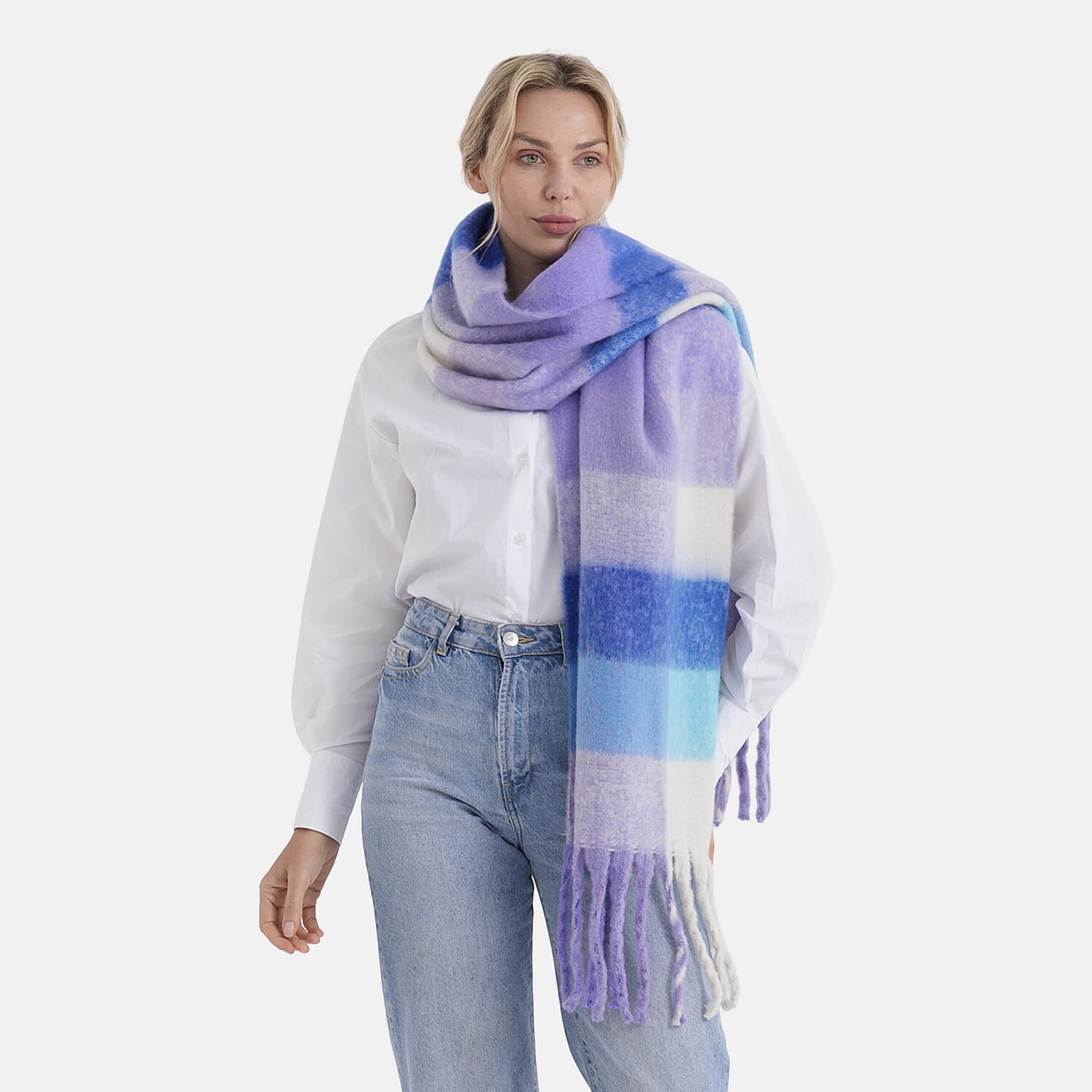 - Maisi Multicoloured Soft Checkered Tassel Scarf (190 x 40 cm) - Purple