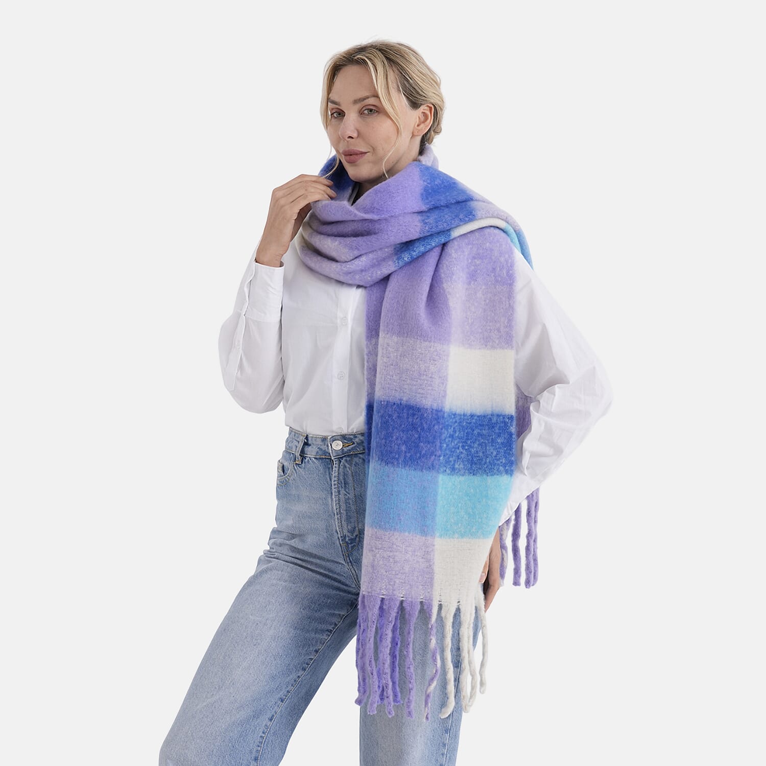- Maisi Multicoloured Soft Checkered Tassel Scarf (190 x 40 cm) - Purple