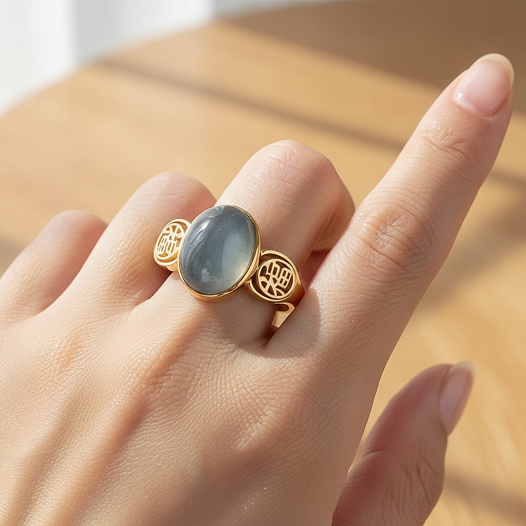 D'Joy Natural Jadeite Ring in Yellow Gold Plated Sterling Silver 7.20 Ct.