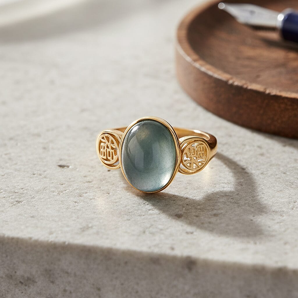 D'Joy Natural Jadeite Ring in Yellow Gold Plated Sterling Silver 7.20 Ct.