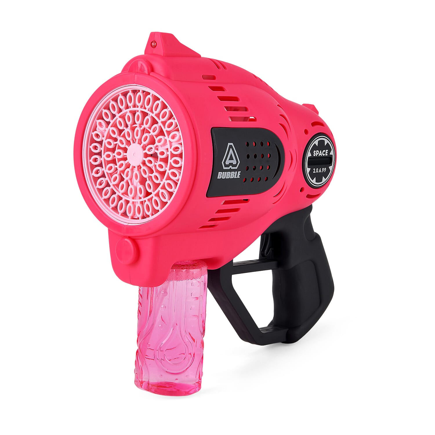 57-Hole Automatic Bubble Blaster - Pink Rechargeable Space Jet Machine with 3.7V Battery & 150ml Solution