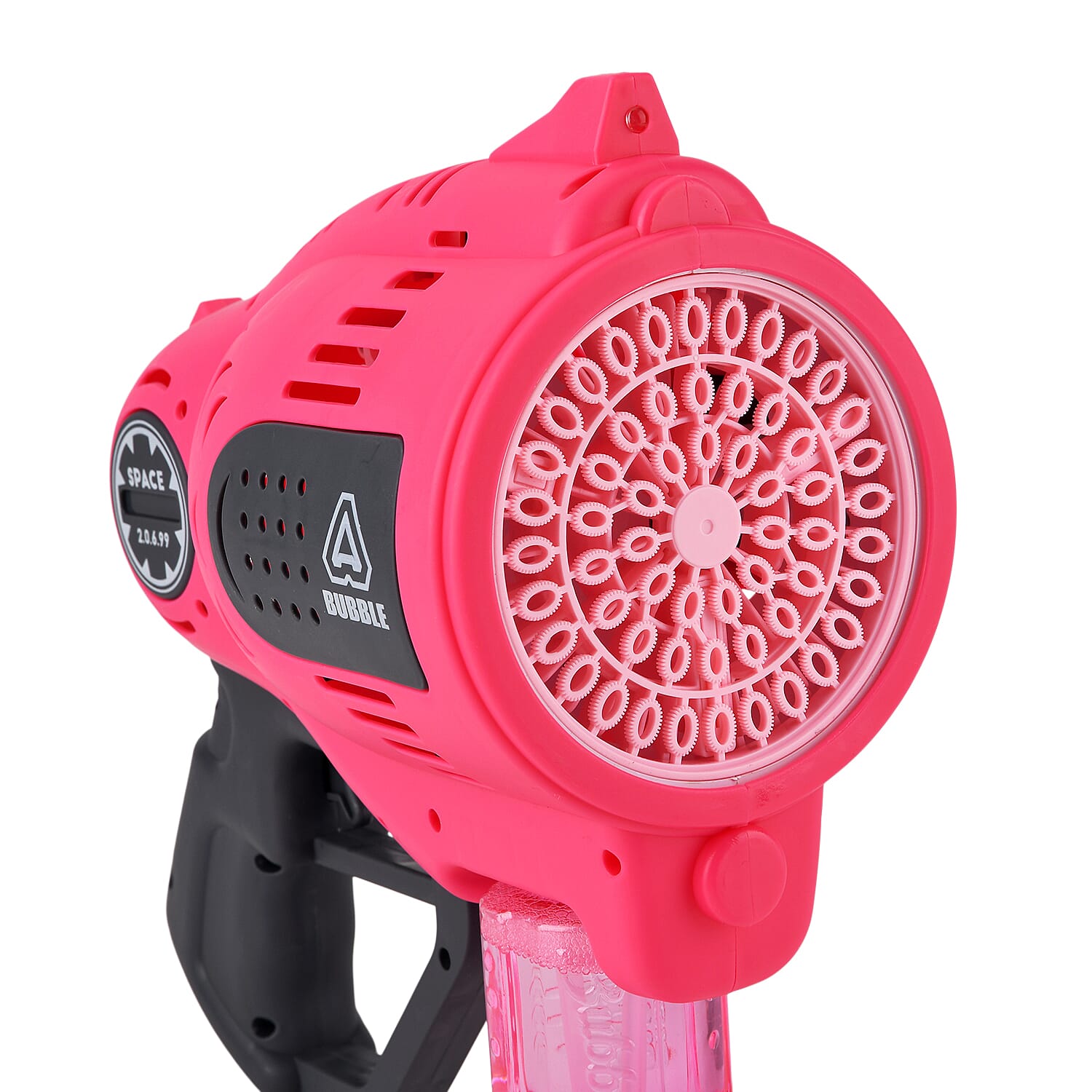 57-Hole Automatic Bubble Blaster - Pink Rechargeable Space Jet Machine with 3.7V Battery & 150ml Solution