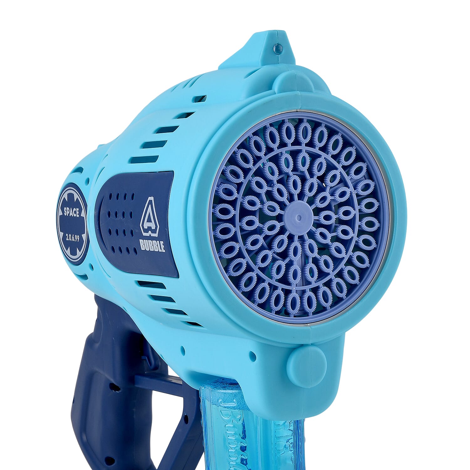 Professional 57-Hole Automatic Bubble Blaster - Blue Rechargeable Space Jet Machine with 3.7V Battery & 150ml Solution