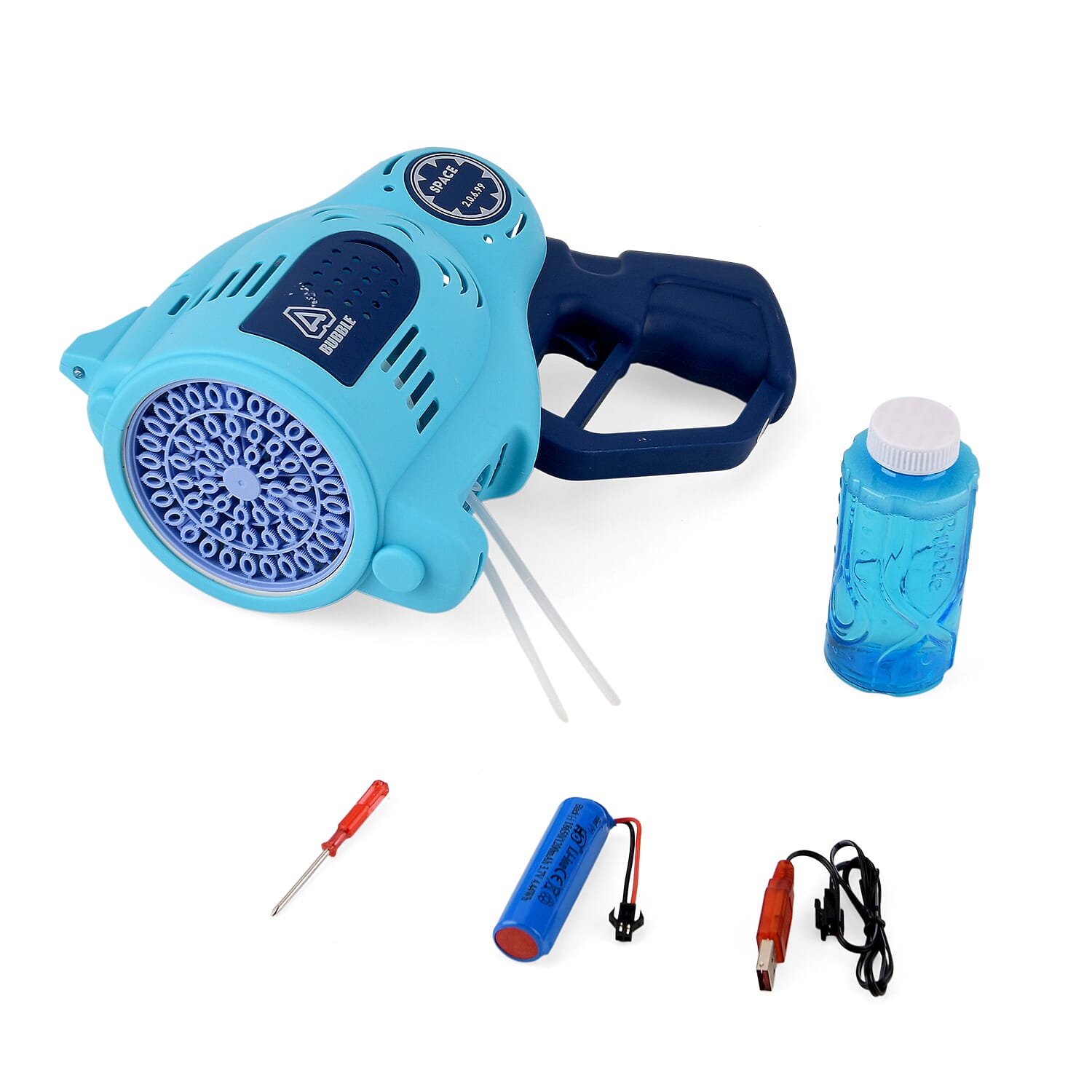 Professional 57-Hole Automatic Bubble Blaster - Blue Rechargeable Space Jet Machine with 3.7V Battery & 150ml Solution