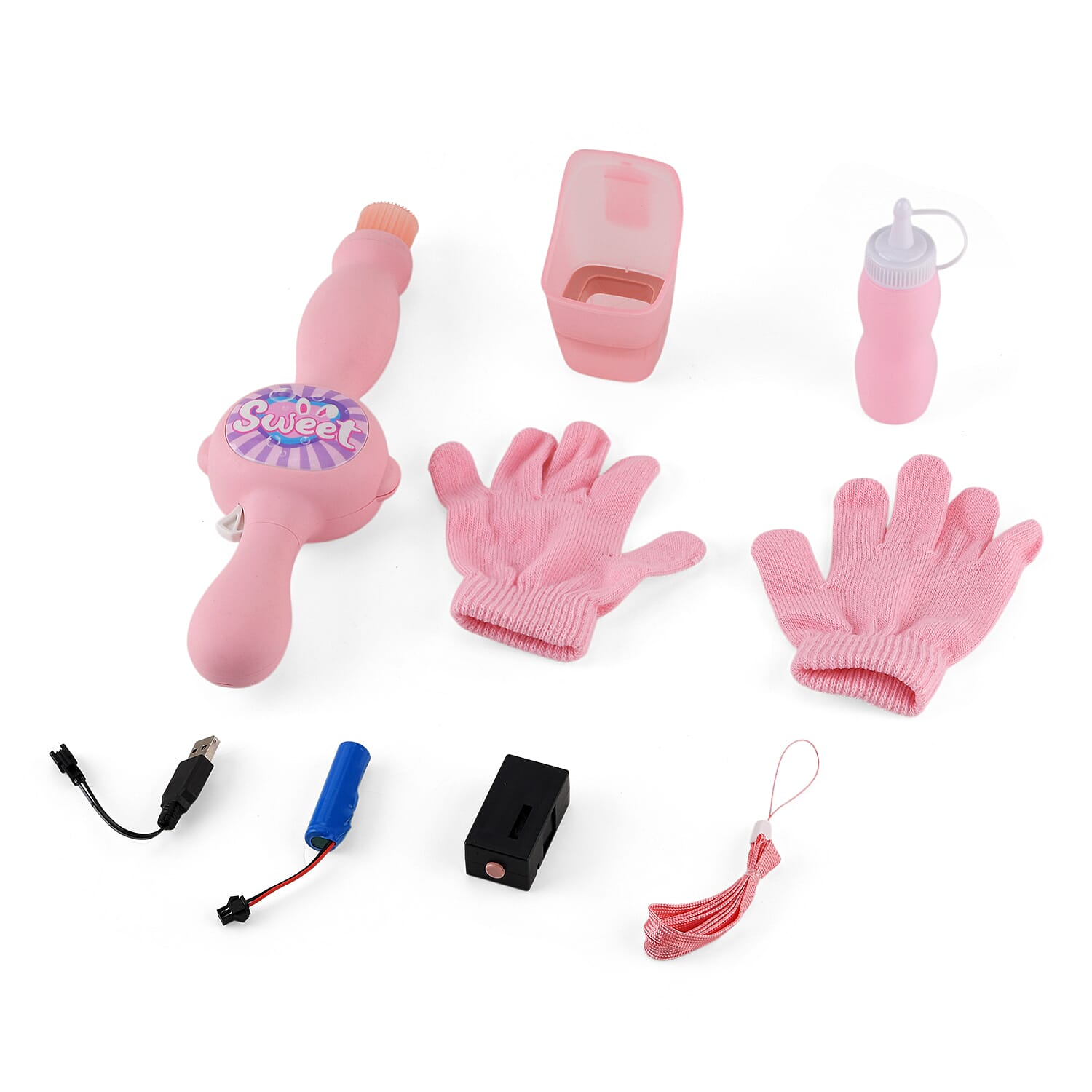Elastic Bubble Smoke Bomb Toy Wand - Rechargeable Battery (1x Included)  70ml Solution, Measuring Cup, 2x Fabric Gloves, Dissolving Mist, Hanging Rope - Pink