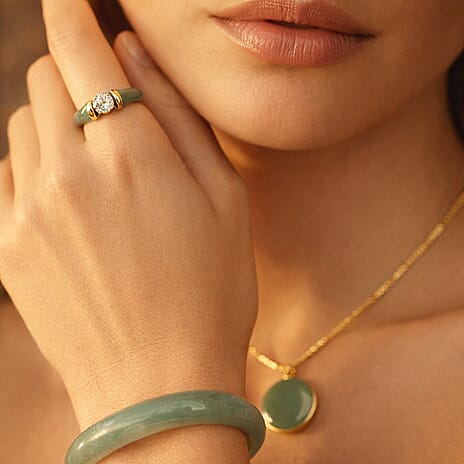 D'Joy Lab Grown Diamond (VS-EF) & Natural Jadeite Band Ring in 18K Vermeil Yellow Gold Plated Sterling Silver 10.50 Ct.