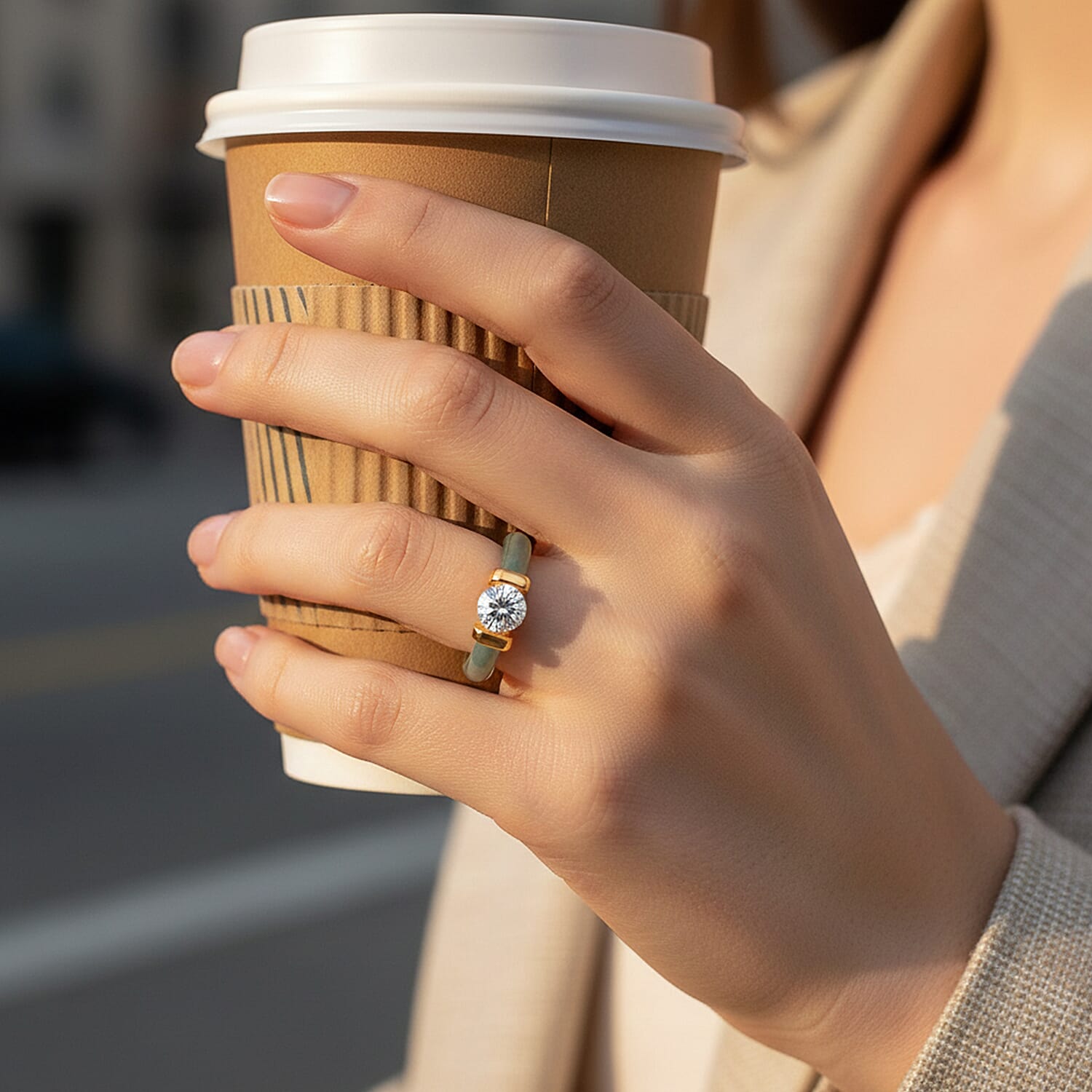 BIGGEST MONSTER DEAL - D'Joy Lab Grown Diamond (VS-EF) & Natural Jadeite Band Ring in 18K Vermeil Yellow Gold Plated Sterling Silver 10.50 Ct.