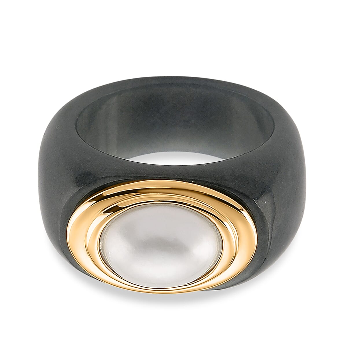 D'Joy White Mabe Pearl & Natural Jadeite Band Ring in Yellow Gold Plated Sterling Silver 38.80 Ct.