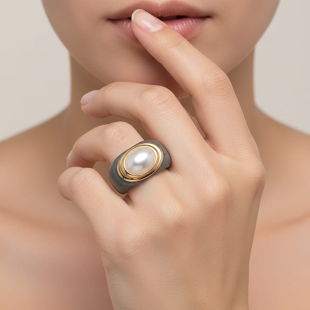 D'Joy White Mabe Pearl & Natural Jadeite Band Ring in Yellow Gold Plated Sterling Silver 38.80 Ct.