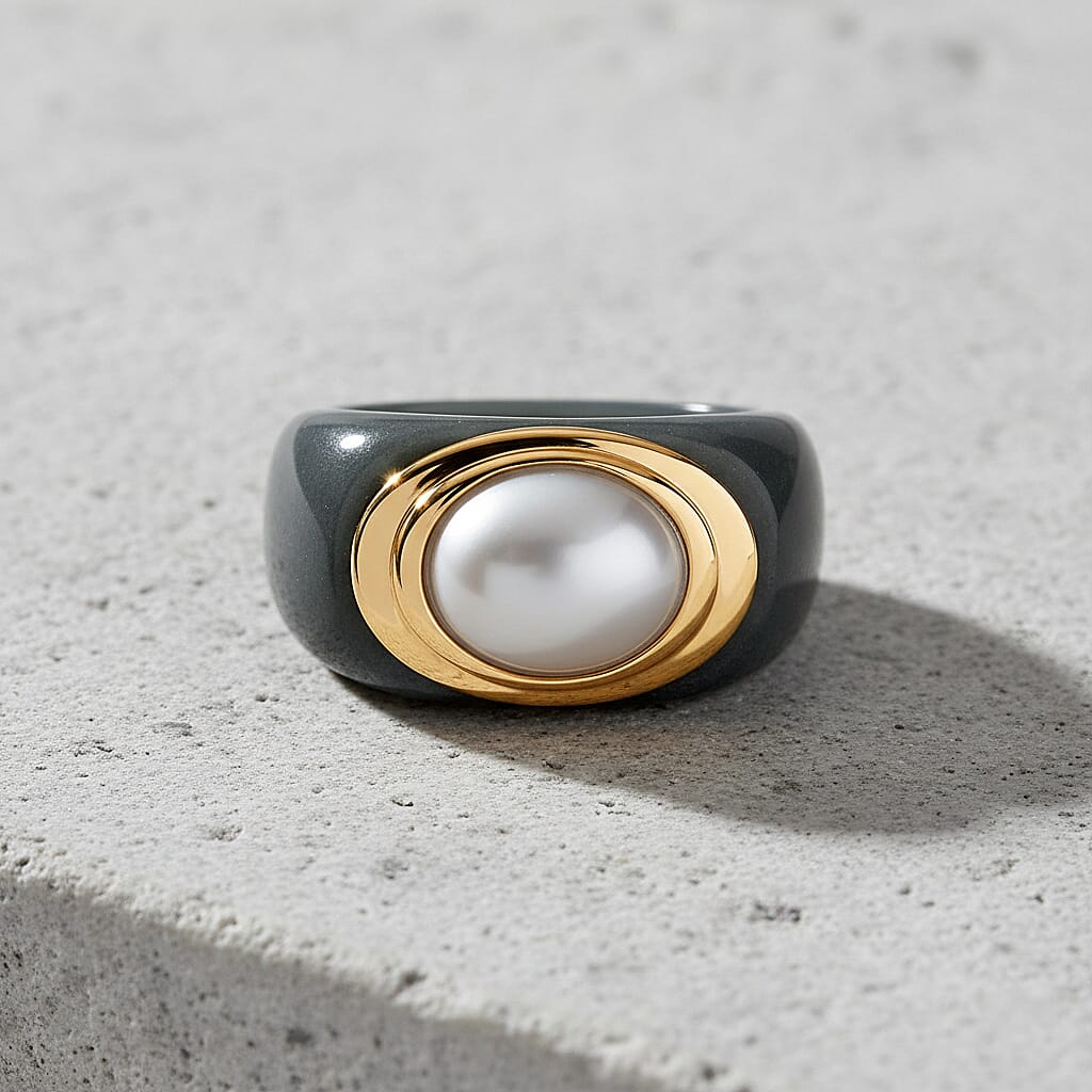 D'Joy White Mabe Pearl & Natural Jadeite Band Ring in Yellow Gold Plated Sterling Silver 38.80 Ct.
