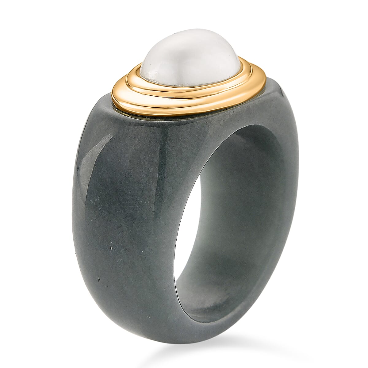 D'Joy White Mabe Pearl & Natural Jadeite Band Ring in Yellow Gold Plated Sterling Silver 38.80 Ct.