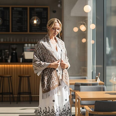 - Maisi Geometric Print Tassel Scarf (65 x 180cm) - Beige