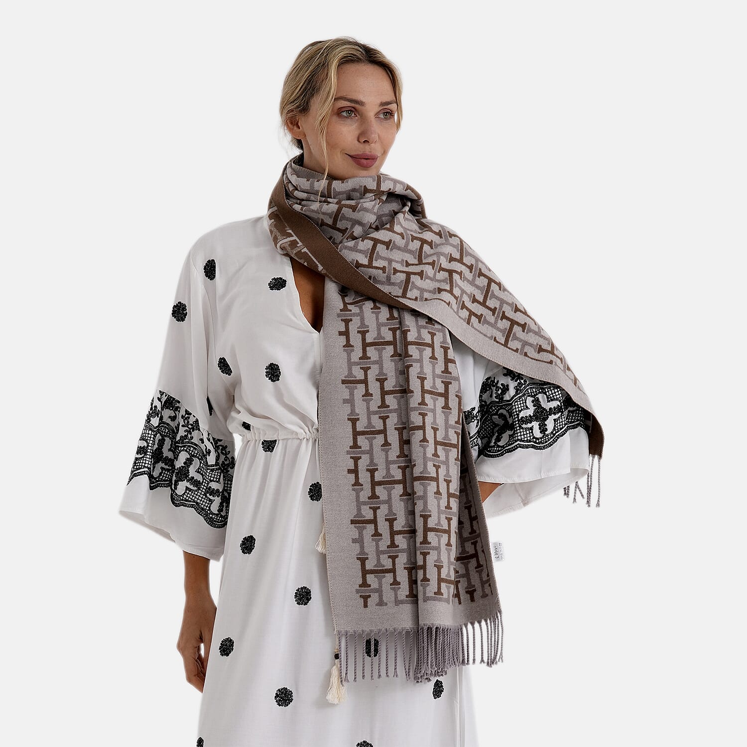 - Maisi Geometric Print Tassel Scarf (65 x 180cm) - Beige