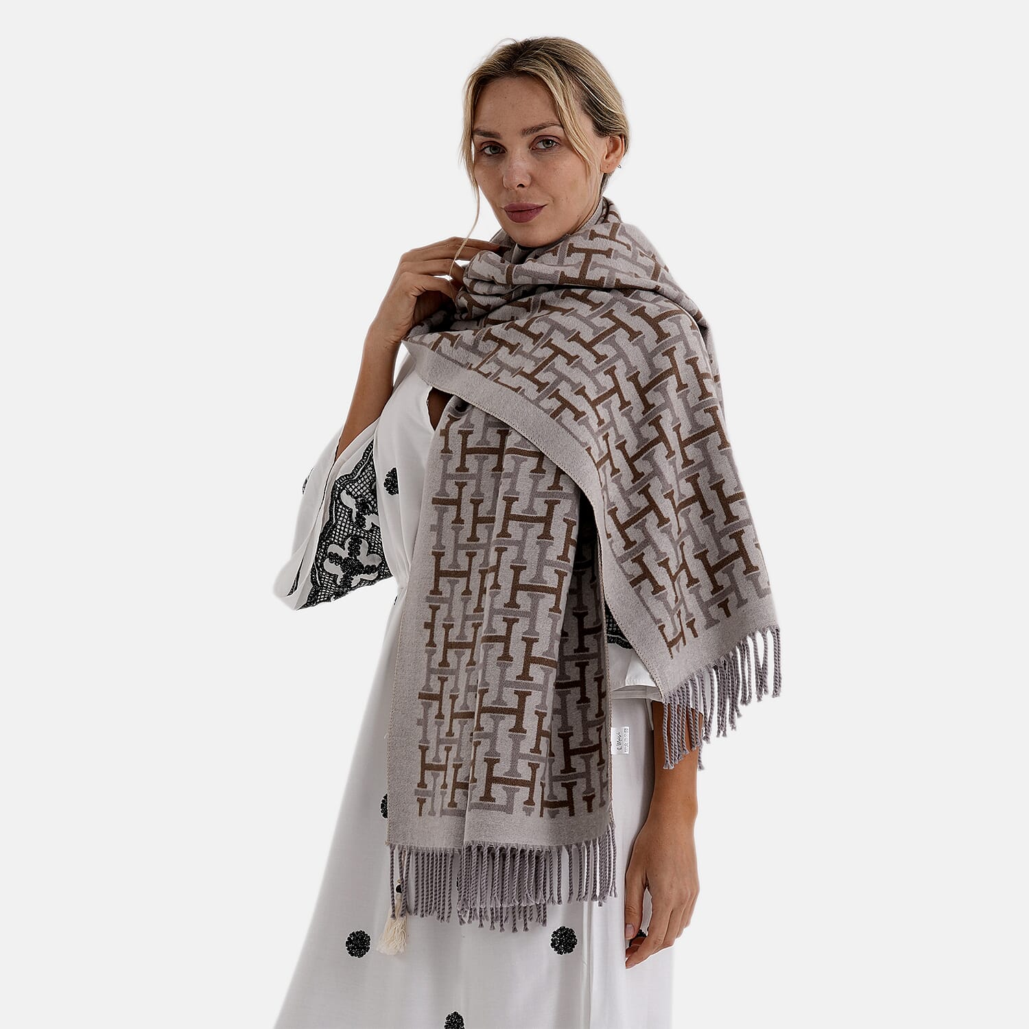 - Maisi Geometric Print Tassel Scarf (65 x 180cm) - Beige
