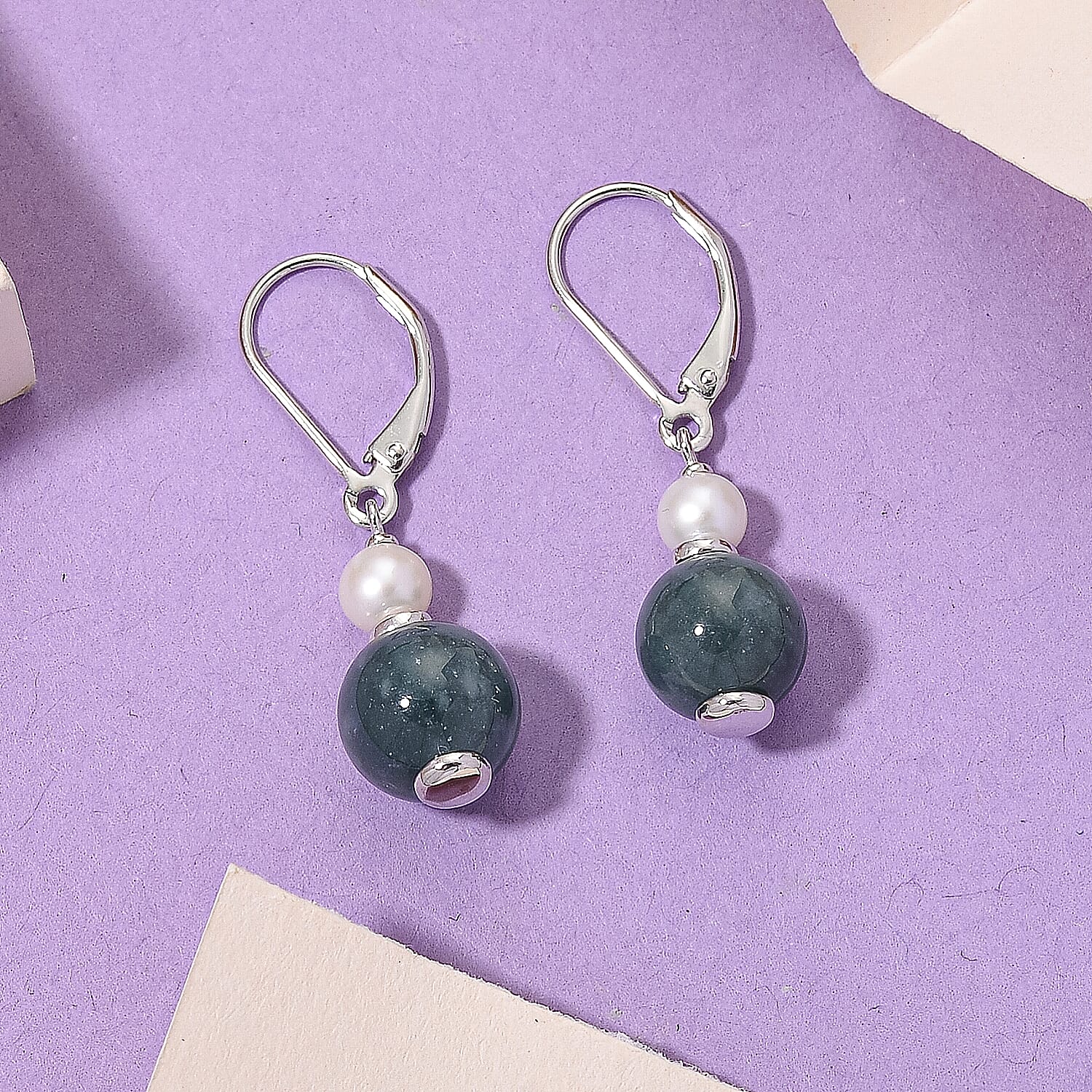 D'Joy Natural Jadeite & Fresh Water Pearl Drop Lever Back Earring in Rhodium Overlay Sterling Silver 16.40 Ct.