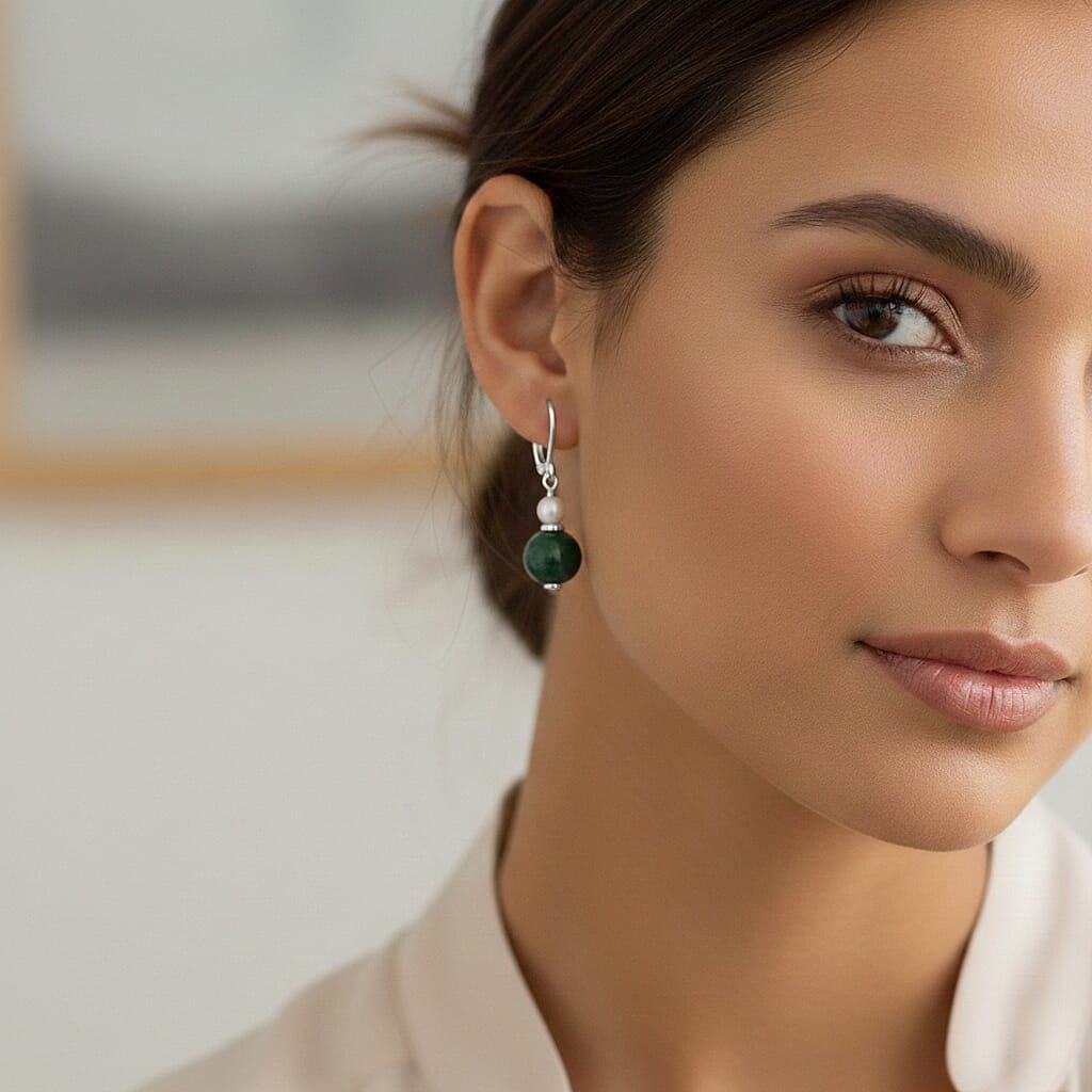 D'Joy Natural Jadeite & Fresh Water Pearl Drop Lever Back Earring in Rhodium Overlay Sterling Silver 16.40 Ct.