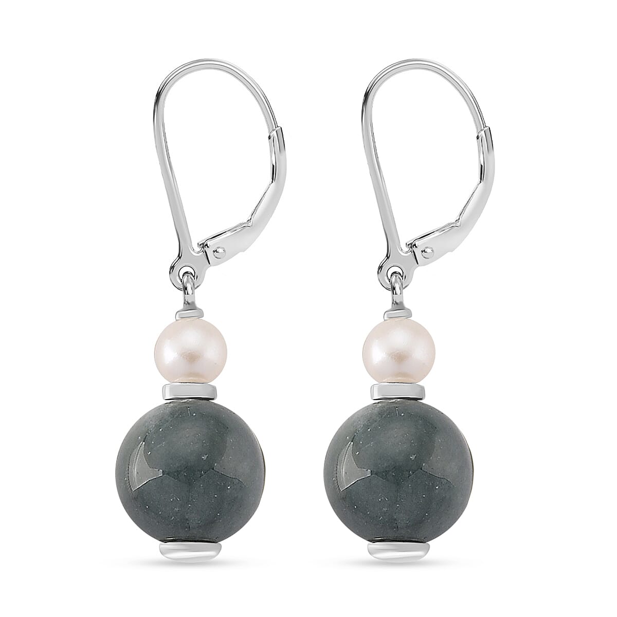 D'Joy Natural Jadeite & Fresh Water Pearl Drop Lever Back Earring in Rhodium Overlay Sterling Silver 16.40 Ct.