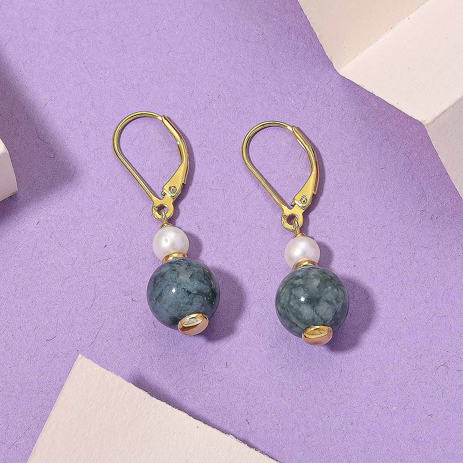D'Joy Natural Jadeite & Fresh Water Pearl Drop Lever Back Earring in Yellow Gold Plated Sterling Silver 16.40 Ct.