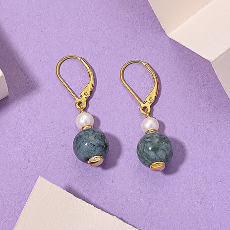 D'Joy Natural Jadeite & Fresh Water Pearl Drop Lever Back Earring in Yellow Gold Plated Sterling Silver 16.40 Ct.