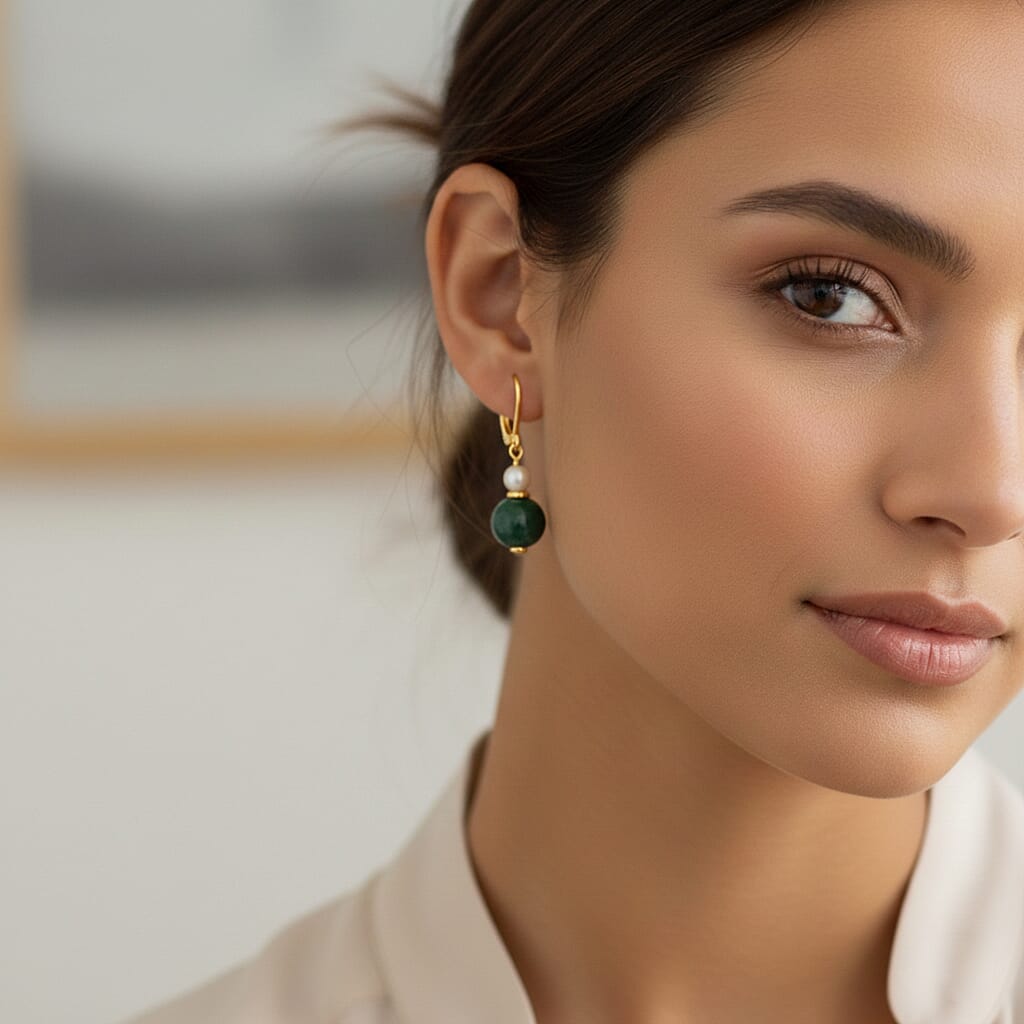 D'Joy Natural Jadeite & Fresh Water Pearl Drop Lever Back Earring in Yellow Gold Plated Sterling Silver 16.40 Ct.