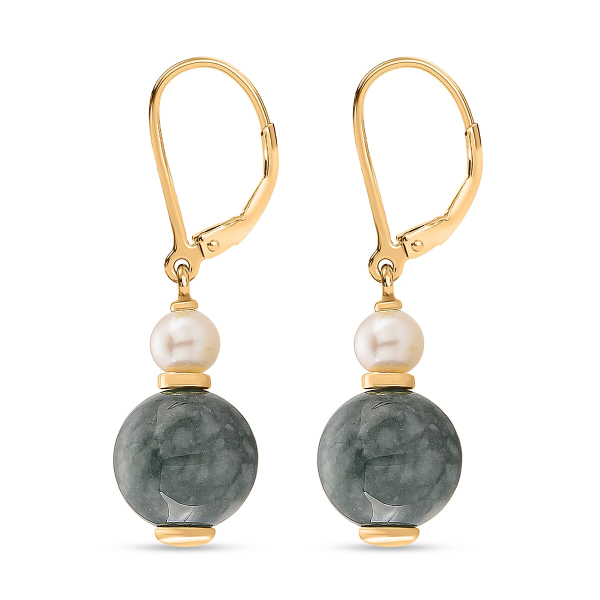 D'Joy Natural Jadeite & Fresh Water Pearl Drop Lever Back Earring in Yellow Gold Plated Sterling Silver 16.40 Ct.