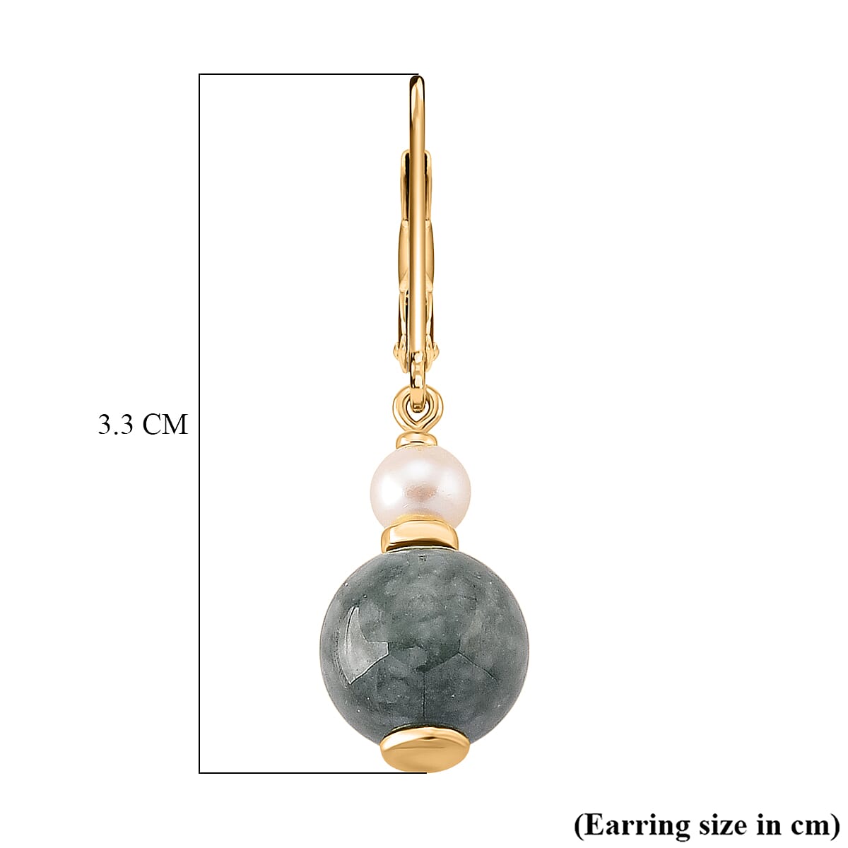 D'Joy Natural Jadeite & Fresh Water Pearl Drop Lever Back Earring in Yellow Gold Plated Sterling Silver 16.40 Ct.