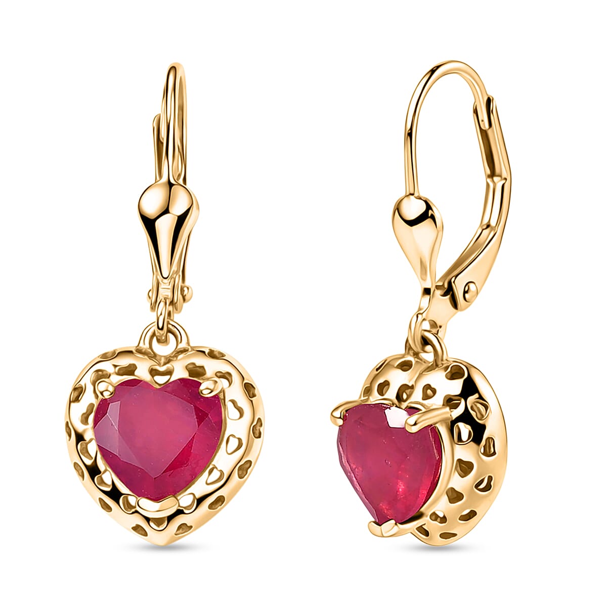 GP African Ruby & Blue Sapphire Heart Earring with Lever Back in 18K Vermeil Yellow Gold Plated Sterling Silver 3.52 Ct.
