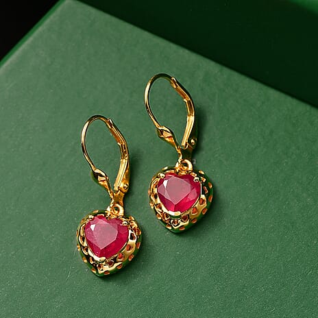 GP African Ruby & Blue Sapphire Heart Earring with Lever Back in 18K Vermeil Yellow Gold Plated Sterling Silver 3.52 Ct.