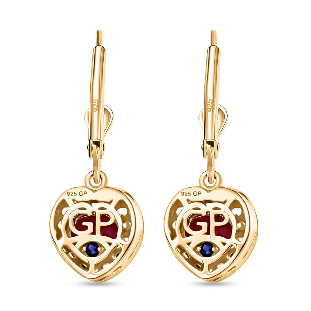 GP African Ruby & Blue Sapphire Heart Earring with Lever Back in 18K Vermeil Yellow Gold Plated Sterling Silver 3.52 Ct.