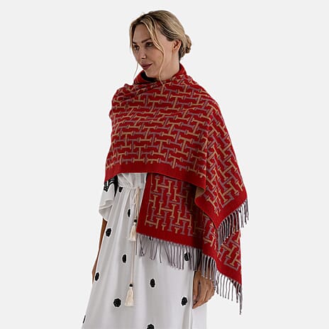 & Maisi Geometric Print Tassel Scarf (65 x 180cm) - Red