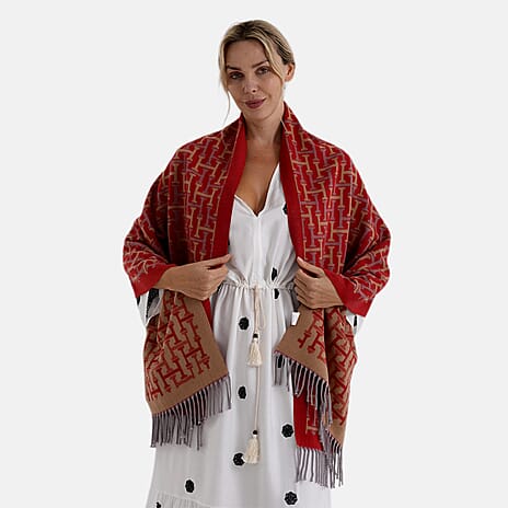 & Maisi Geometric Print Tassel Scarf (65 x 180cm) - Red