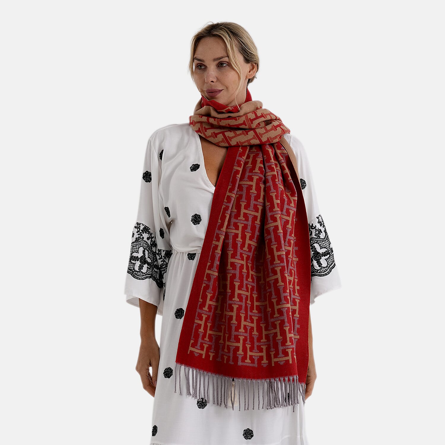 - Maisi Geometric Print Tassel Scarf (65 x 180cm) - Red