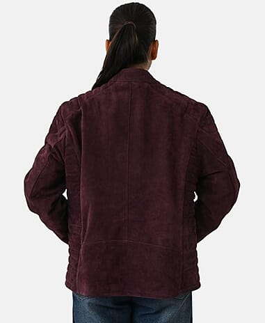 Valissiere Womens Genuine Leather Suede Bomber Jacket With Shoulder Quilting And Structured Fit (Size 12) - Maroon