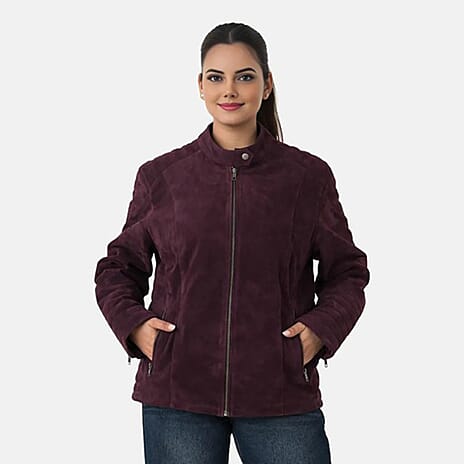 Valissiere Womens Genuine Leather Suede Bomber Jacket With Shoulder Quilting And Structured Fit (Size 14) - Maroon