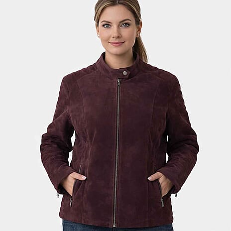 Valissiere Womens Genuine Leather Suede Bomber Jacket With Shoulder Quilting And Structured Fit (Size 18) - Maroon