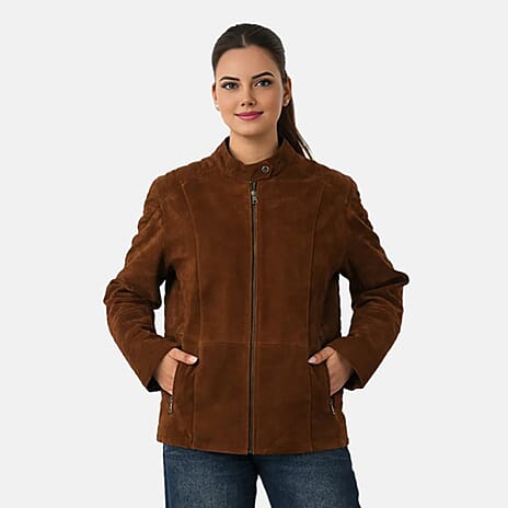 Valissiere Womens Genuine Leather Suede Bomber Jacket With Shoulder Quilting And Structured Fit (Size 18) - Dark Brown