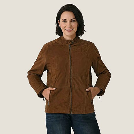 Valissiere Womens Genuine Leather Suede Bomber Jacket With Shoulder Quilting And Structured Fit (Size 20) - Brown