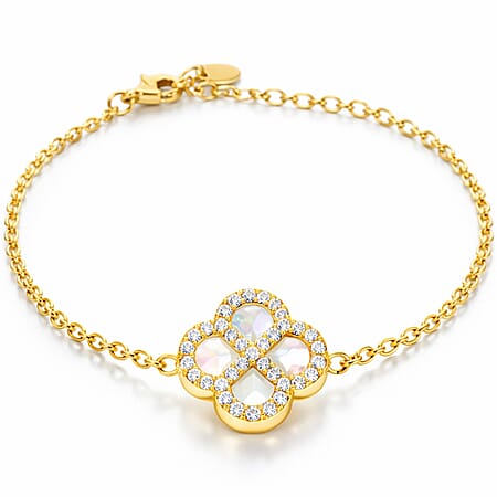 Mother Of Pearl, Cubic Zirconia Reversible Clover Bracelet (Size - 7.5 Inch with Ext) with Lobster Clasp in Gold Plated Sterling Silver