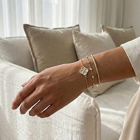 Mother Of Pearl & Cubic Zirconia Bracelet (Size - 7.5 Inch with Ext) in Gold Plated Sterling Silver