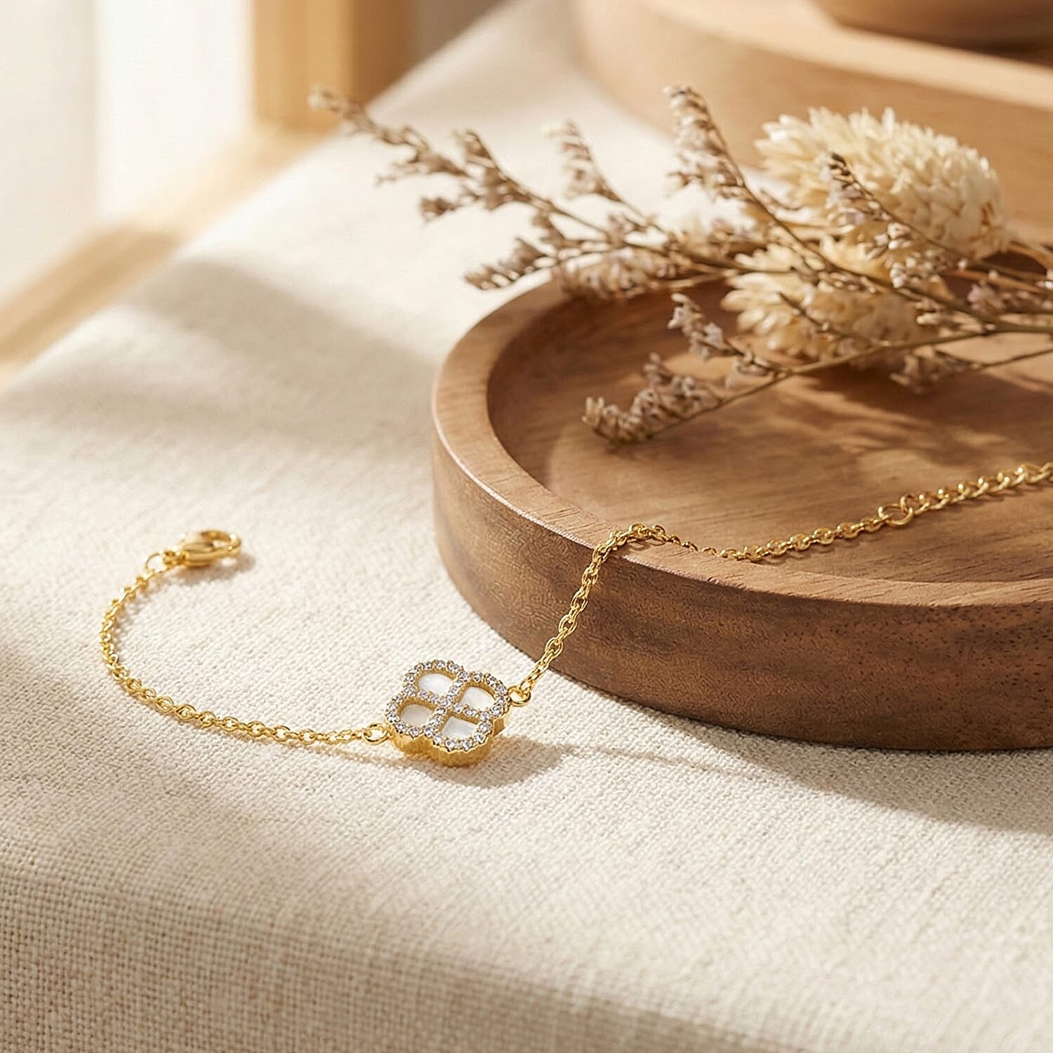 Mother Of Pearl & Cubic Zirconia Bracelet (Size - 7.5 Inch with Ext) in Gold Plated Sterling Silver