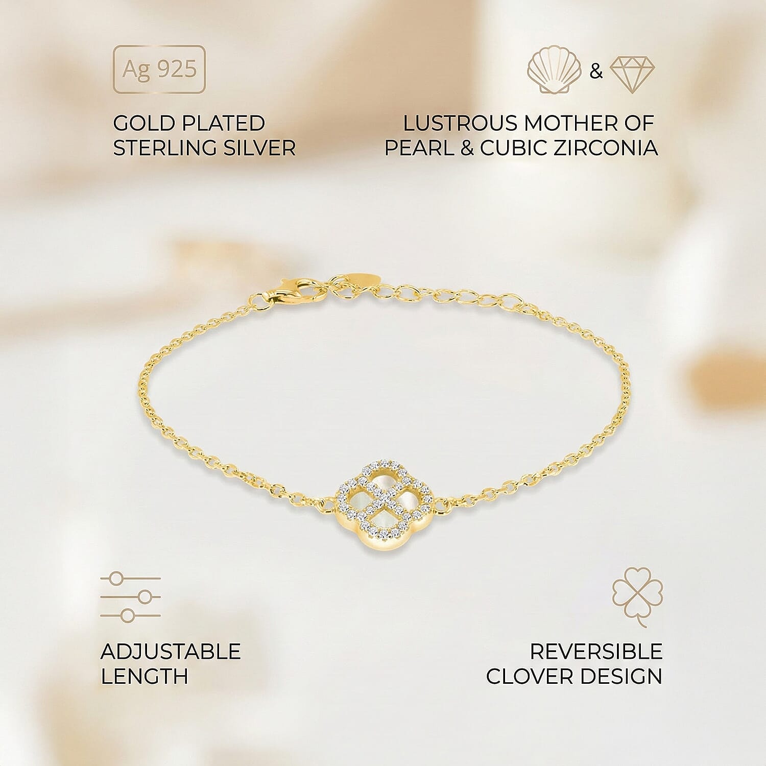 Mother Of Pearl & Cubic Zirconia Bracelet (Size - 7.5 Inch with Ext) in Gold Plated Sterling Silver