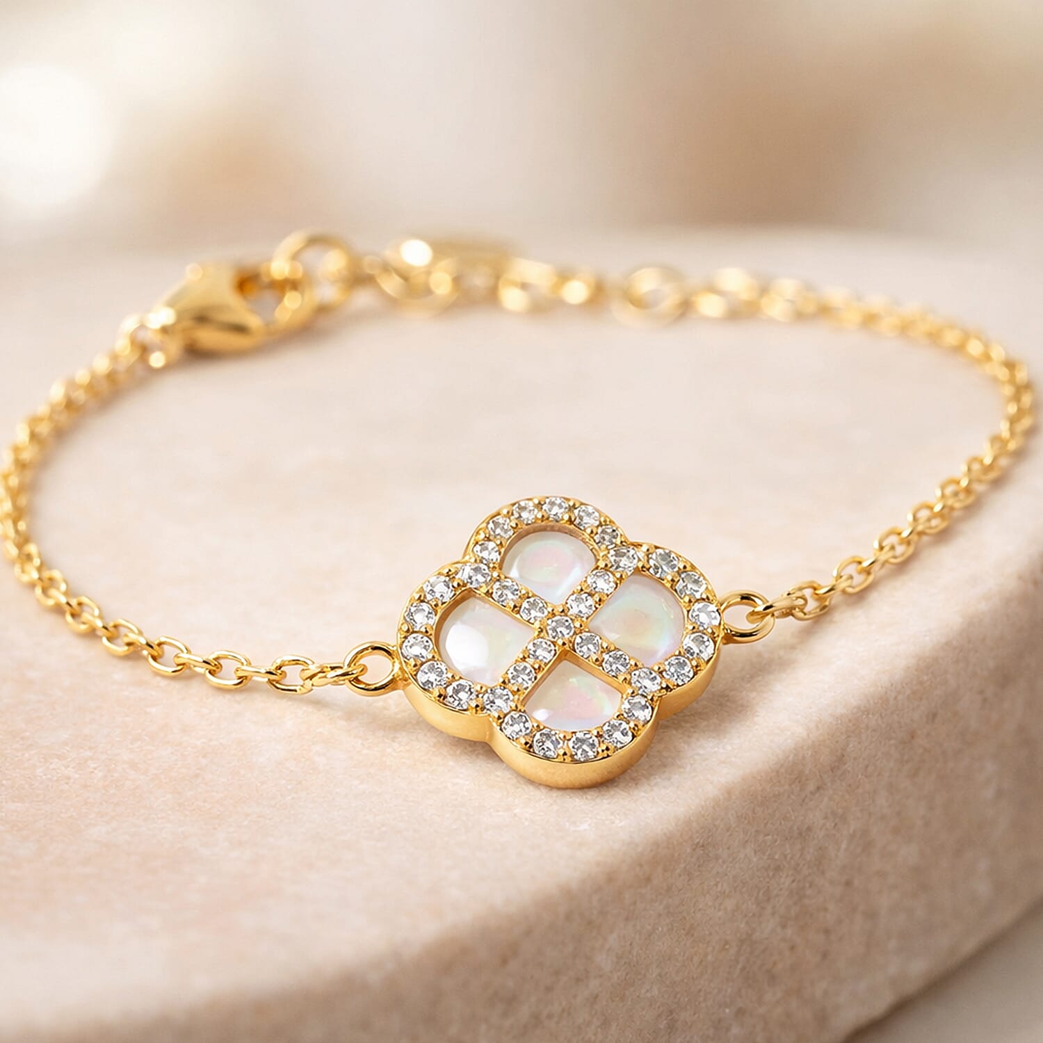 Mother Of Pearl & Cubic Zirconia Bracelet (Size - 7.5 Inch with Ext) in Gold Plated Sterling Silver