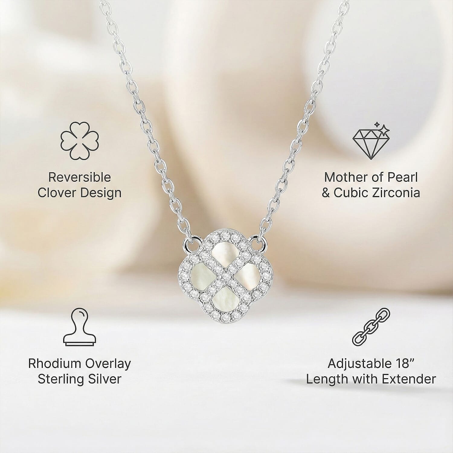 Mother Of Pearl & Cubic Zirconia Necklace (Size - 18 Inch with Ext) in Rhodium Overlay Sterling Silver