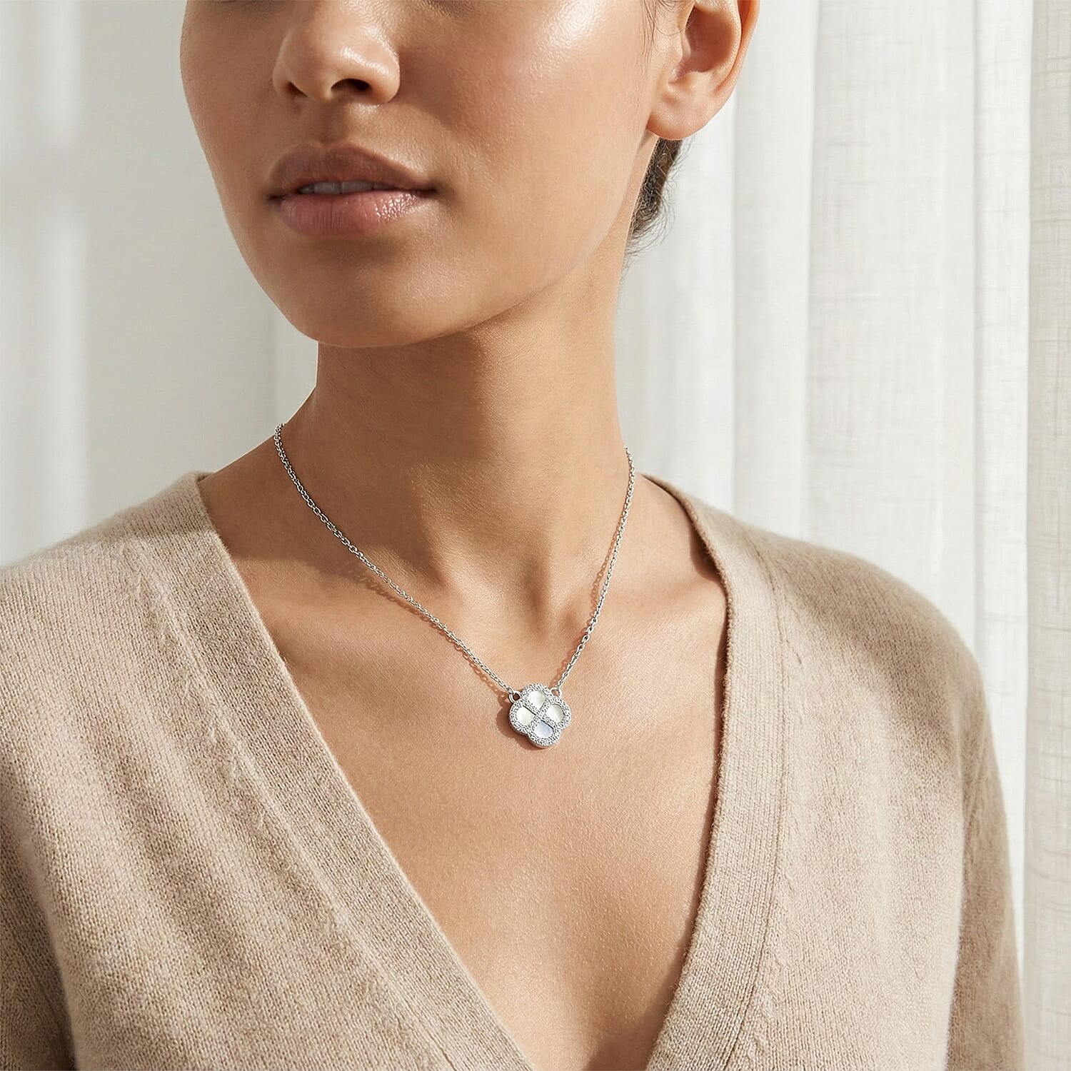 Mother Of Pearl & Cubic Zirconia Necklace (Size - 18 Inch with Ext) in Rhodium Overlay Sterling Silver