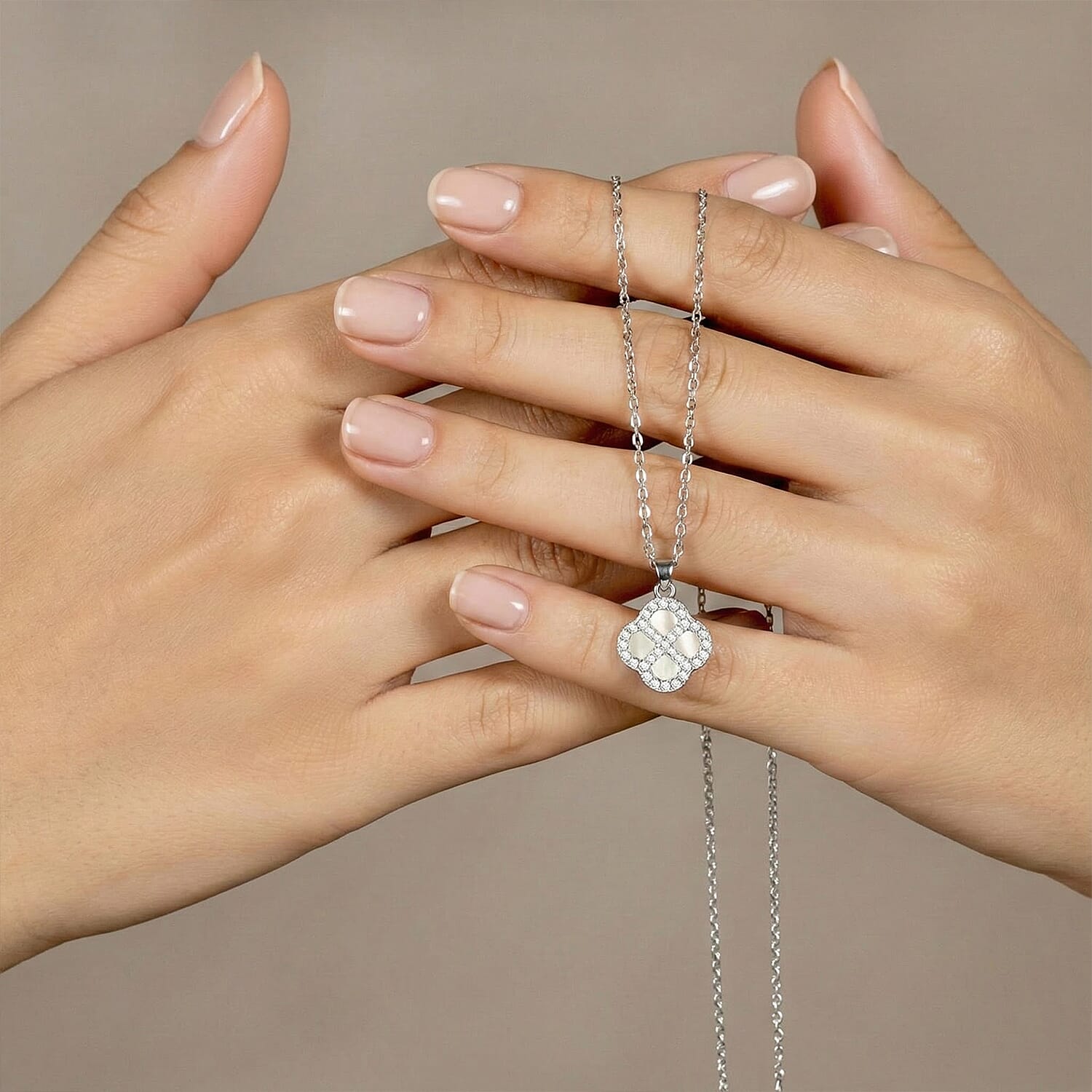 Mother Of Pearl & Cubic Zirconia Necklace (Size - 18 Inch with Ext) in Rhodium Overlay Sterling Silver