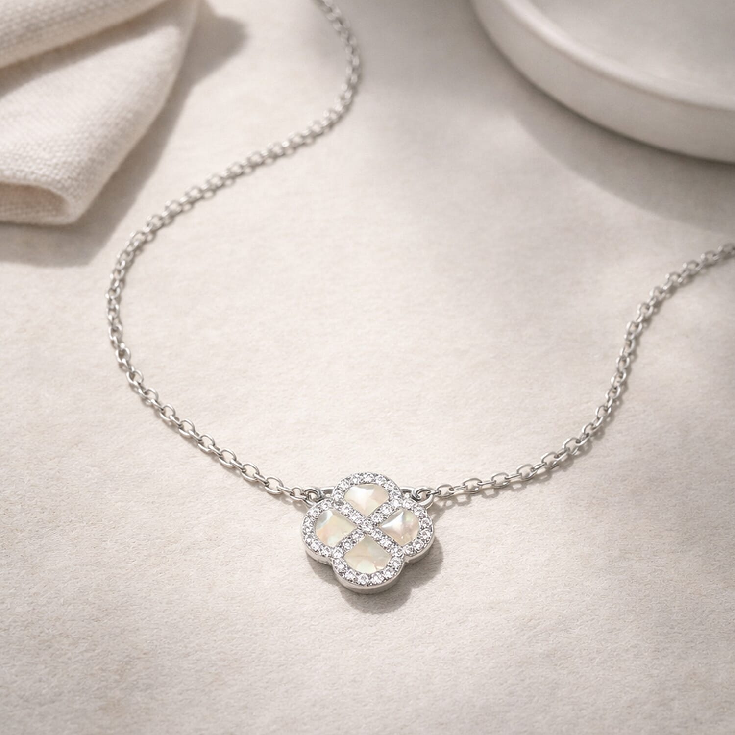 Mother Of Pearl & Cubic Zirconia Necklace (Size - 18 Inch with Ext) in Rhodium Overlay Sterling Silver