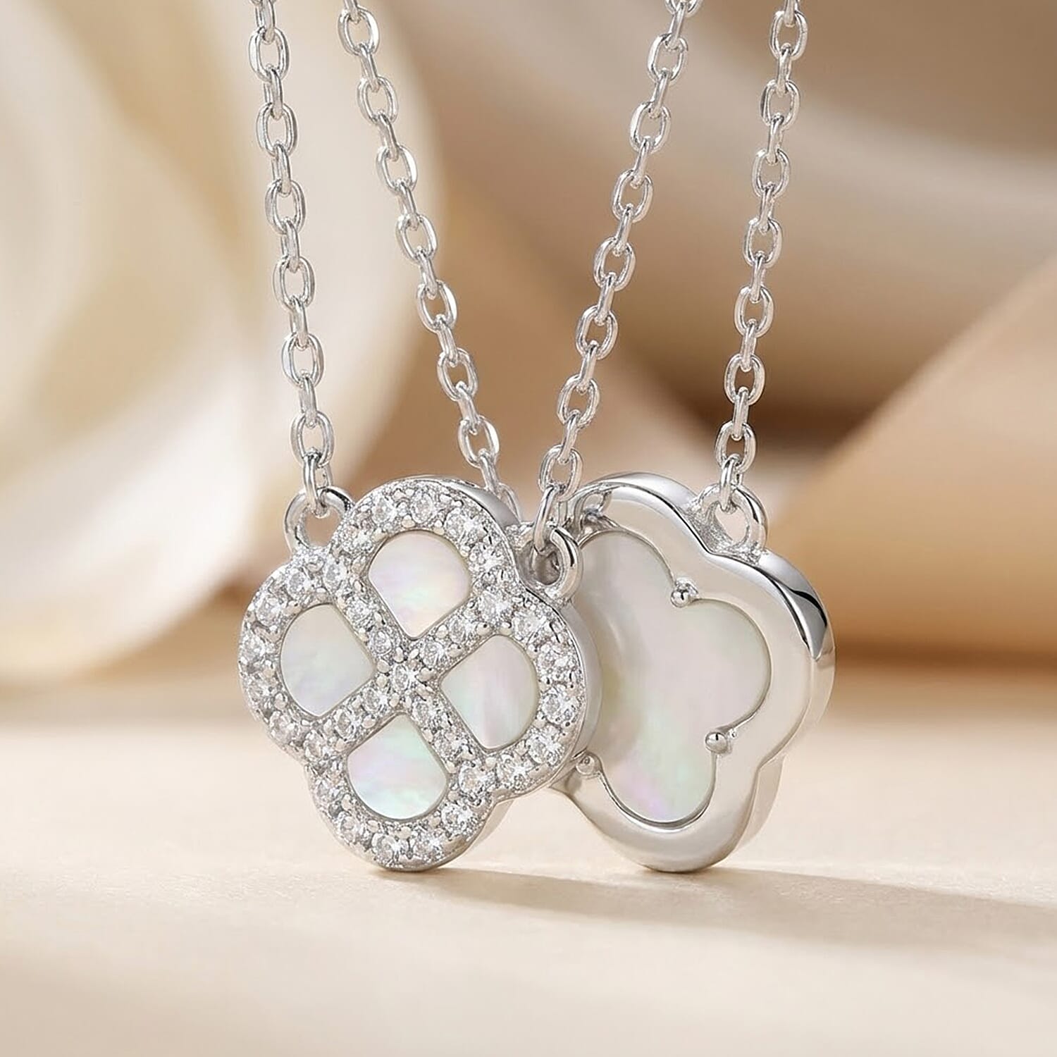 Mother Of Pearl & Cubic Zirconia Necklace (Size - 18 Inch with Ext) in Rhodium Overlay Sterling Silver