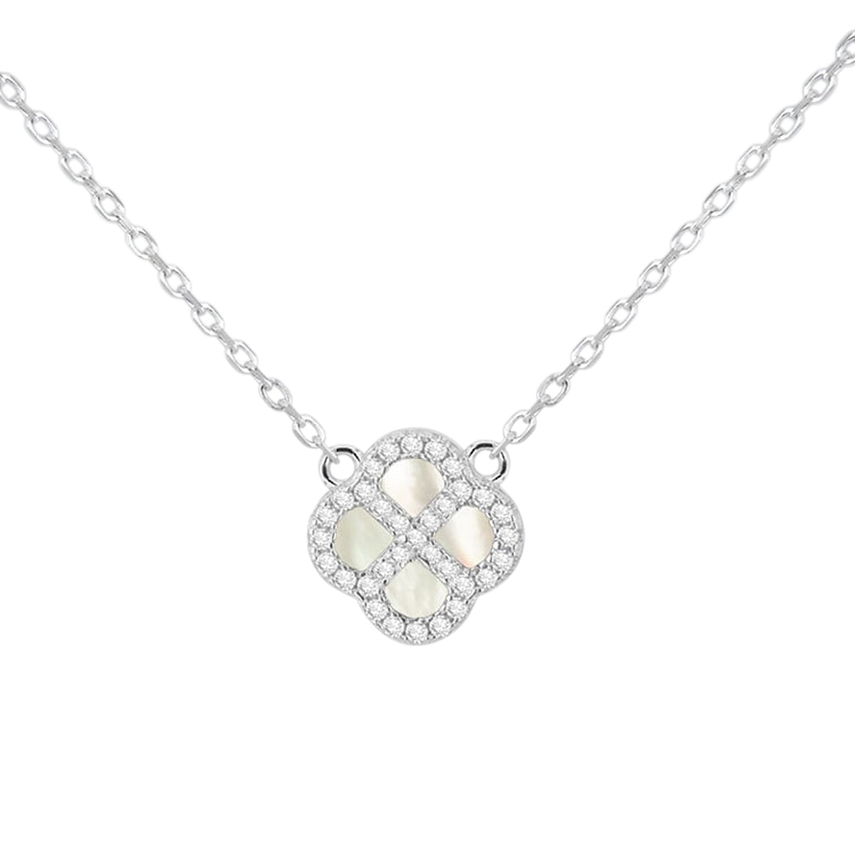 Mother Of Pearl, Cubic Zirconia Necklace (Size - 18) Sterling Silver  0.300  Ct.