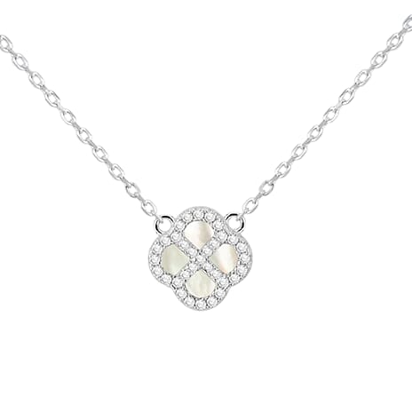 Mother Of Pearl, Cubic Zirconia Necklace (Size - 18) Sterling Silver  0.300  Ct.