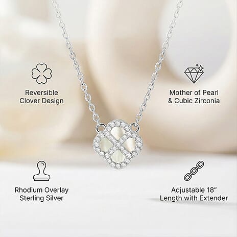 Mother Of Pearl & Cubic Zirconia Necklace (Size - 18 Inch with Ext) in Rhodium Overlay Sterling Silver